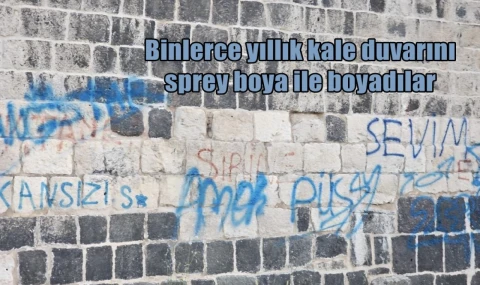 Binlerce yıllık kale duvarını sprey boya ile boyadılar